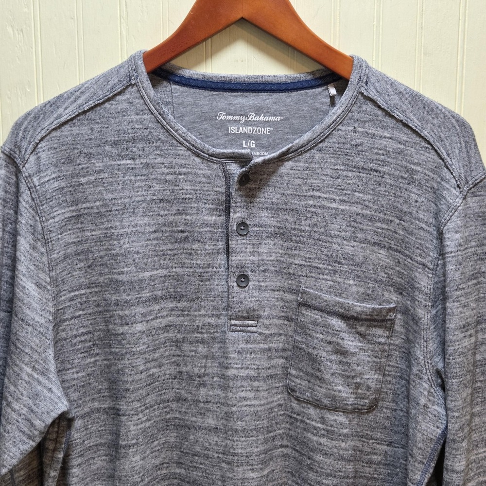Tommy Bahama Shirt Mens Large Gray Striped Long Sleeve Henley Pocket IslandZone